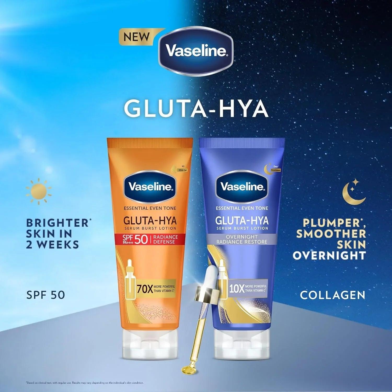 Vaseline Gluta-Hya SPF 50 and overnight Gluta-Hya lotions, two tubes