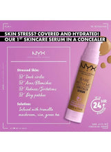 Concealer serum claims panel with NYX Bare With Me bottle, medium shade