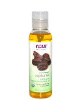 NOW Solutions certified organic jojoba oil bottle with amber liquid and white cap
