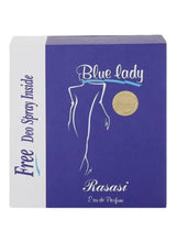 Blue Lady Eau de Parfum gift box, purple, with woman silhouette and Rasasi logo