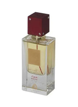 Rouge eau de parfum bottle, 60 ml, clear glass with dark red cap