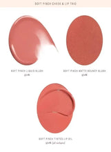 Cheek and lip trio swatches: liquid blush, matte bouncy blush, tinted lip oil