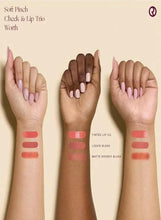 Cheek and lip trio swatches on wrists: tinted lip oil, liquid blush, matte bouncy blush