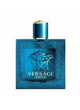 Versace Eros eau de toilette bottle with raised medusa emblem, blue glass and gold cap