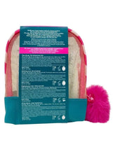 Skincare gift set pouch with teal pocket, pink trim, and purple pom-pom with ingredient text