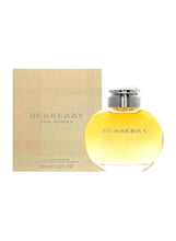 Burberry For Women eau de parfum natural spray bottle with gold cap, shown with box