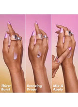 Hands with drop tubes and swatches labeled thirst burst, bronzing, mix & apply