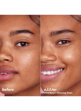 Split face showing glow results from thirst burst and bronzing drops