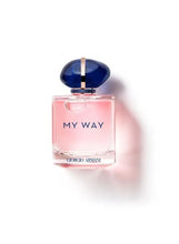 Giorgio Armani My Way eau de parfum bottle with dark blue cap and pink glass