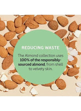Almond kernels with green circular badge about reducing waste