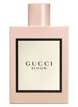 Gucci Bloom eau de parfum bottle in light pink with black label and cylindrical cap