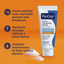 Acne foaming wash tube with label text and small foam pieces
