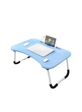 Blue laptop desk with foldable legs, curved tabletop for study and reading