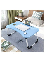 Blue laptop desk with phone holder, white foldable non-slip legs