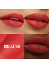 Red lip tint swatches labeled Coquettish on lips, matte finish