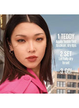 Teddy Tint plushwear lip tint worn on lips, vivid red shade