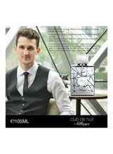 Eau de parfum bottle on display beside a model in a vest and shirt