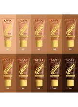 Soft glow skin tint shade lineup, multiple amber-toned tubes with gold caps