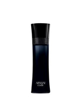 Armani Code eau de toilette bottle with black cap and dark blue glass