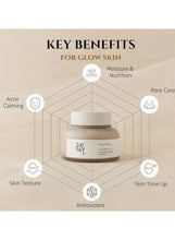 Ground rice and honey glow mask jar with key benefits icons