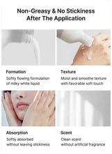Creamy toner application collage with bottle dispensing to hand and face