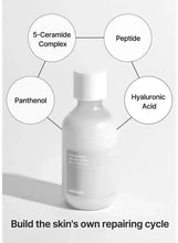 Creamy toner bottle with white cap, shown with ingredient callouts