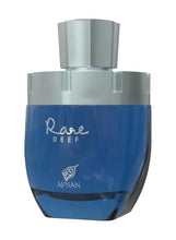 Afnan Rare Reef unisex extrait de parfum bottle, blue glass front and silver cap
