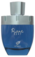 Extrait de parfum bottle by Afnan, blue glass with silver cap and Rare Reef label
