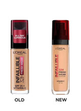 Two foundation bottles side by side labeled old and new in warm beige