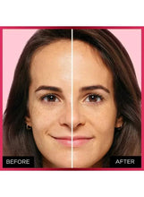 Face before-and-after showing an even warm beige foundation finish