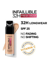 Liquid foundation bottle labeled SPF 25, no fading no shifting, Vitamin C