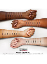 Warm beige foundation shade swatches on forearms with numbered strips
