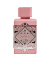 Blush pink Eau de Parfum bottle front, tall cap and ornate diamond label