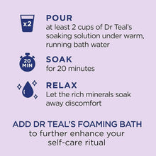 Epsom bath salt soaking instructions graphic: soak 20 minutes, relax