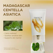 Skincare cream tube with centella leaf illustrations and a clear gel layer