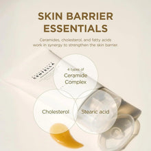 Skincare cream tube shown with diagram circles and gel swatch for barrier support