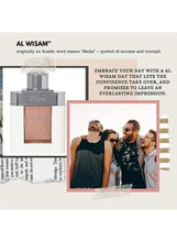 Eau de Parfum bottle with promotional card featuring people photo, Rasasi Al Wisam Day