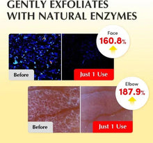 Vitamin Illuminating Toner exfoliation before-and-after results graphic, face 'just 1 use'