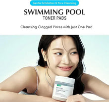 Woman holding a toner pads jar with swimming pool label