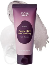 Purple rice pore purifying pack cleanser tube with EQQUAL BERRY label and pump cap