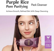 Purple rice pore purifying pack cleanser tube held by a woman, front label visible