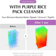 Purple rice pack cleanser clinical test graphic with before and after 1 use panels