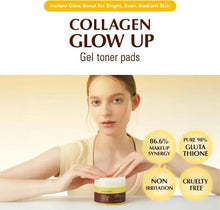 Collagen glow up gel toner pads label with model and purity icons