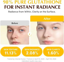 Before and after skincare radiance chart with face close-ups and percentages