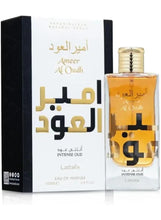 Eau de parfum set: amber bottle with gold cap and black presentation box