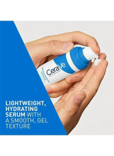 Hyaluronic acid serum bottle with blue cap, lightweight gel texture text