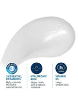 Serum gel swatch on skin with hyaluronic acid and vitamin B5 icons