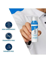 Hyaluronic acid serum bottle held in hand, blue cap, fragrance-free icons