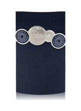 Dark blue men's eau de parfum box with ribbed texture and Tribute emblem