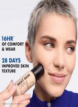 Woman applying liquid foundation using a black-capped bottle